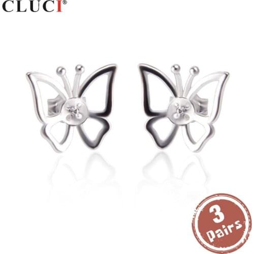 CLUCI 3 pair wholesale Silver 925 Butterfly Shaped Stud Earrings for Women Pearl Mountings 925 Sterling Silver Earrings SE074SB