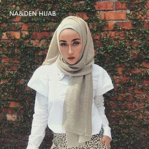 NEW fashion solid polyester transparency crinkled metallic thread pearls hijabs women scarf shawl Muslim head wrap elegant 10ps