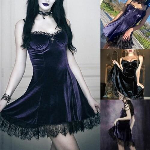 Goth Cross Sexy Dress Vintage Velvet A-Line Lolita Dress Aesthetic Gothic High Waist Ladies Club Party Dresses