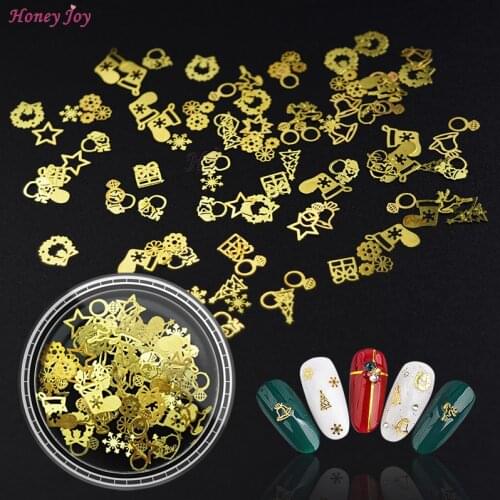 1 box 120pcs/box Celebrate Christmas Golden Nail Sequins Paillette 3D Metal Nail Art Decoration Snowflake Christmas Boots Trees