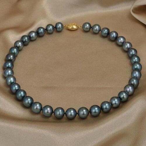 10-12mm round tahitian black green pearl necklace