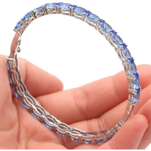 64x5mm Hot Selling Created Deep Blue Sapphire SheCrown Gift For Sister Silver Bangle Bracelet 7.5"