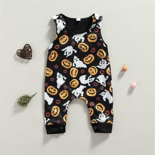 Ma&Baby 0-24M Halloween Baby Clothes Newborn Infant Baby Boy Jumpsuit Sleeveless Cartoon Romper Pumpkin Print Clothing DD40