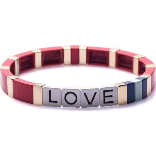 Enamel Tile Bracelet Red Tile Beads Bracelets Metal Stackable Block Bangle for Women Men, Bohemia Strand Stretch Bracelet Friend