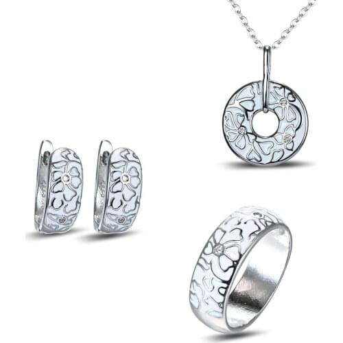 Elegant Female Sterling Silver Enamel Flowers Pendant Necklace Earring Ring Bridal Jewelry Set For Women 2021 Trendy Jewelry