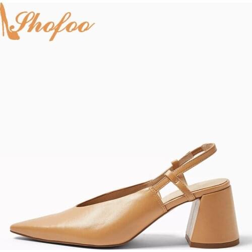 Brown Slingback High Chunky Heels Women Pumps Pointed Toe Elastic Band Large Size 12 16 Ladies Summer Fashion New Shoes Shofoo