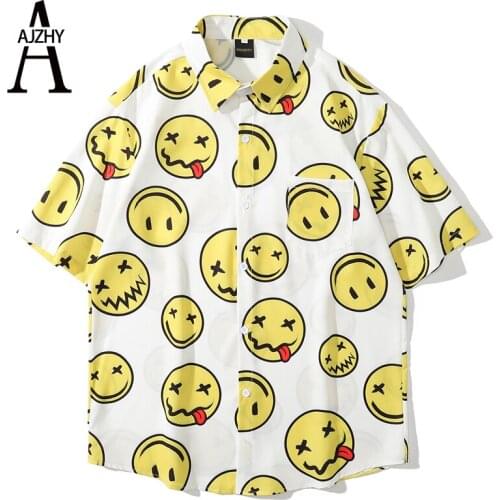 Summer Fashion Smiley Face Printed Beach Shirts Turn-down Collar Hip Hop Short Sleeve Shirts for Men Streetwear Hawaiian Shirts