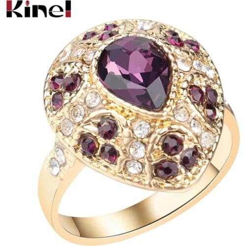 Kinel 2020 Hot Glamour Women Jewelry Water Drop Purple Crystal Rings Fashion Gold Color Bride Wedding Ring Vintage Jewelry