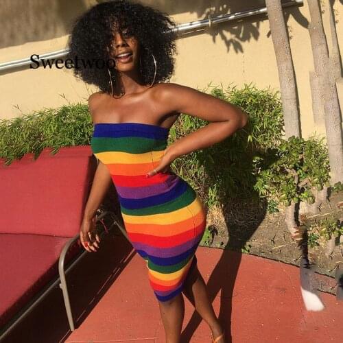 Fashion Sexy Strapless Bright Rainbow Dress for Women Knitted Elegant Sleeveless Dresses Bodycon Spring Summer