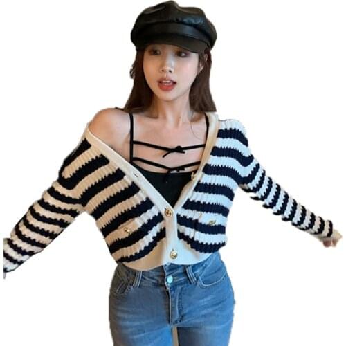 2021 Spring New Cardigan Jacket Womens Coat Knitwear Short Casaco Feminino Striped Sweater Crop Top Female Black White Coat