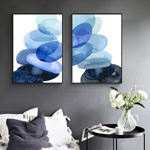 Simple Abstract Blue Stone Posters and Prints Nordic Modern Canvas Painting Wall Art Watercolor Decor Picture for Bedroom