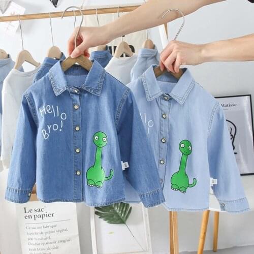 CROAL Spring Boys Denim Shirts Long Sleeve Dinosaur Shirt Kids Clothes Turn-Down Teenage Children Denim Shirts Kids Girls Blouse