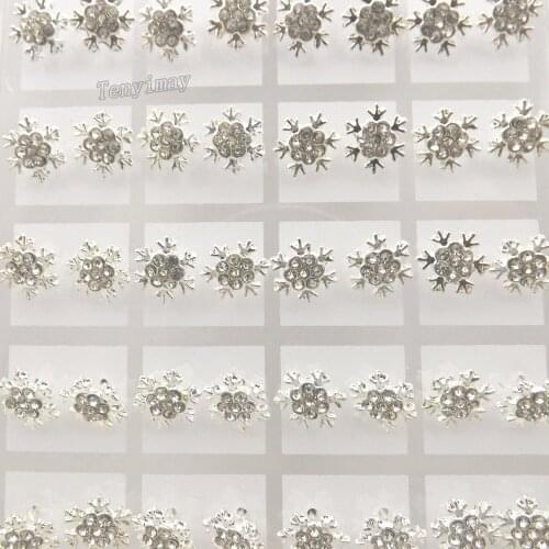 10mm Silver Tone Snowflake Earring Studs Inlaid With 7 Clear Crystals 36 Pairs/lot