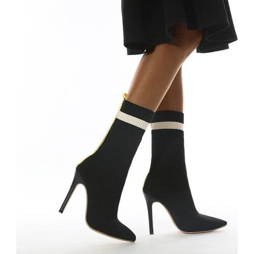 Fashion Spring Autumn Women Shoes Pointed Toe Elastic Soft Knitting High Heel Boots Thin Stilettos Comfort Ladies Female Pumps