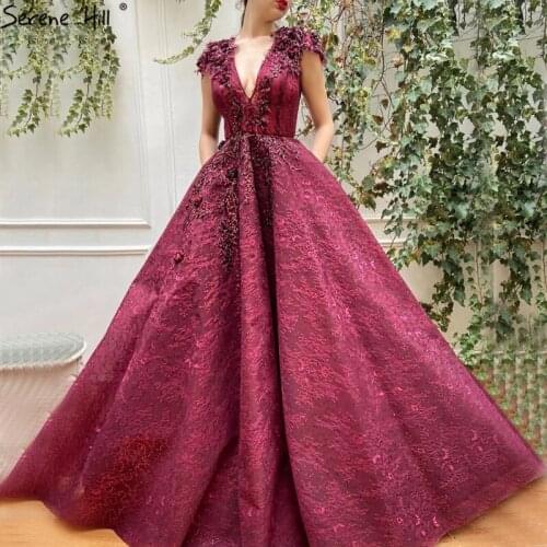 Wine Red A-Line Lace Sexy Evening Dresses 2020 V-Neck Sleeveless Handmade Flowers Formal DressWomen Elegant Serene Hill BLA70508