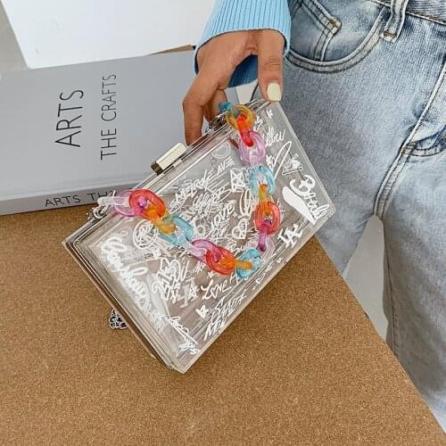 Chic graffit transparent women shoulder bags colorful acrylic box handbags designer clear pvc crossbody bag luxury small purses
