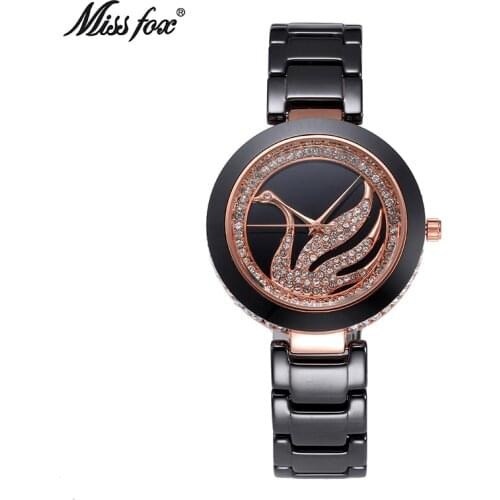 Miss Fox Swan Ceramic Watch Women Rhinestone Dress Rose Gold Watch Diamond Japan Carnaval Women Metal Bracelets Montre Femme