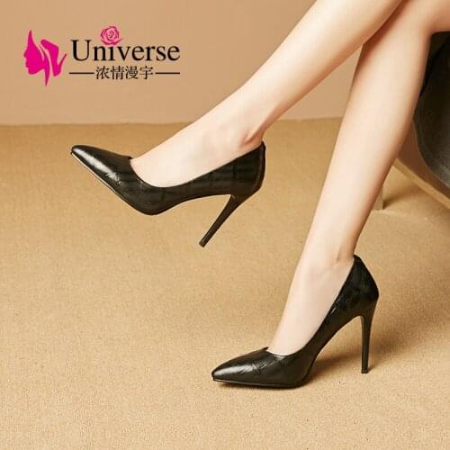 Sheepskin Super High Heel Concise Point Toe Women Pumps Universe Black 10cm Thin Heel Office Dress Shoes New Arrival J015
