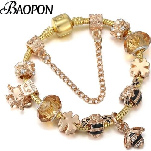 European Style Cute Bee Pendant Charm Bracelet DIY Crystal Glass Beads Womens Bracelets For Women Jewelry Gift Special Offer