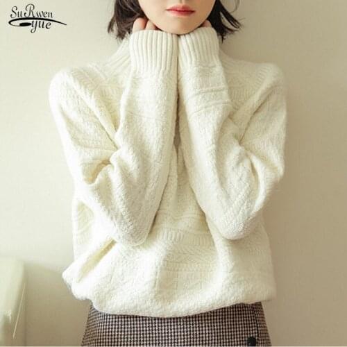 2020 Autumn Winter Long Sleeve Chic Sweater Clothes Women Half High Collar Sweater Women Loose Vintage Sweater Pullovers 10916