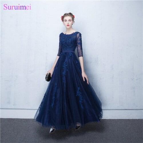 Evening Party Vestido Longo De Festa 2017 Half Sleeves A Line Appliques Cheap Long Evening Dresses on Sale