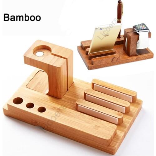 3 in 1 Bamboo Wooden Charging Station for iPhone Mobile Phone Holder Stand Charger Stand Base for Apple Watch iPad Storage Box
