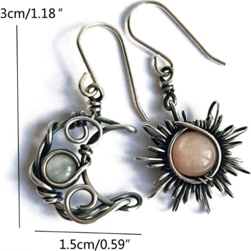 Antiqued Silver Sun and Moon Hook Earrings Bohemia Celestial Moonstone Dangle Drop Earrings Women Boho Fashion Jewelry