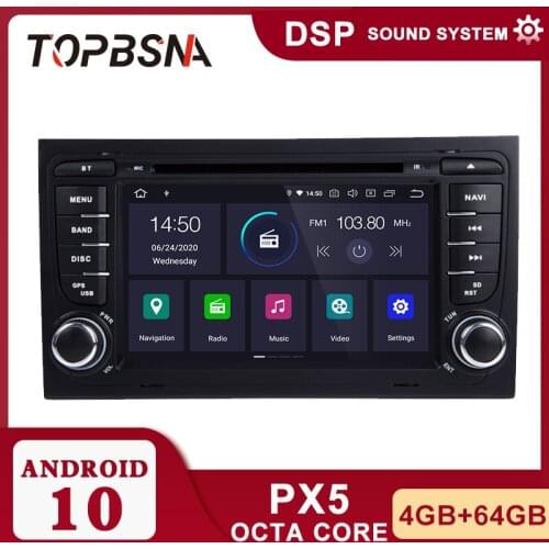 TOPBSNA 2 Din Car DVD Player Android 10 for Audi/A4/S4 2002-2008 GPS Navi Car Radio Octa cores 4G+64G Multimedia WIFI Stereo RDS
