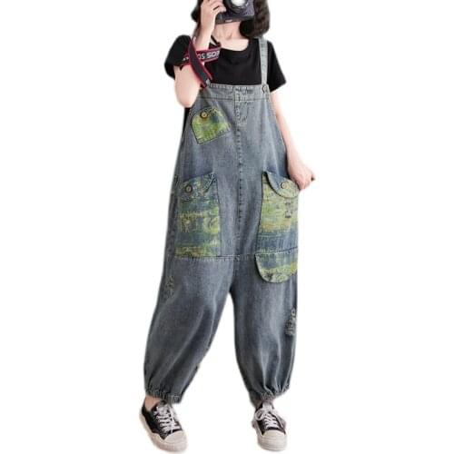 Jeans Jumpsuit Women Casual Oversized Baggy Big Pockets Print Denim Overalls Large size Straps Wide Leg Bib Cowboy Rompers