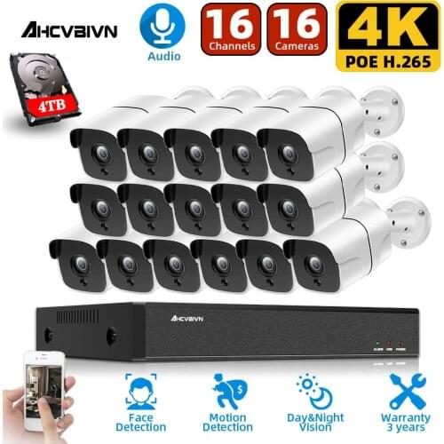 H.265 4K 16CH 8MP AI Face POE NVR Kit 8MP security outdoor Weatherproof Audio Record POE IP Camera Video Surveillance set 4TB