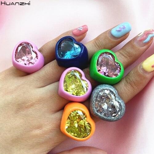 New Summer Shiny Colorful Zircon Rhinestone Love Heart Drip Glaze Enamel Crystal Resin Ring for Women Girls Jewelry HUANZHI 2021