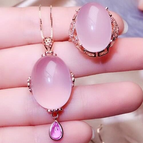 Per jewelry Natural real rose quartz tourmaline jewelry set 1pc ring 1pc pendant 13ct*2pcs gemstone 925 sterling silver R203196