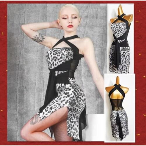 Leopard latin dress halter Latin practice dance cha cha samba dress size bachata dress 689