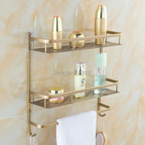 Copper Brass High Quality European Classic Basket Shelf with Towel Rack Double Layer Multifunctional Bathroom Accessories ZR2518