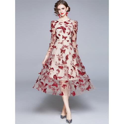 2021 Summer Runway Butterfly Floral Embroidered Dress Fashion Mesh Puff Sleeve O Neck Perspective Princess Elegant Long Dresses