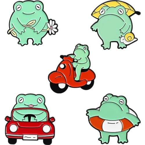 Wholesale Funny Frog Enamel Pins Car Swimming Pool Plant Brooch Lapel Badge Bag Cartoon Animal Jewelry Gift for Kids Friends