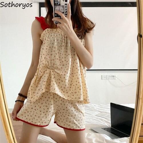 Women Summer Pajama Sets Cherry Printed Spaghetti Strap Tops Loose Shorts Cozy Sleepwear Sweet Girls Leisure Females Lounge Chic