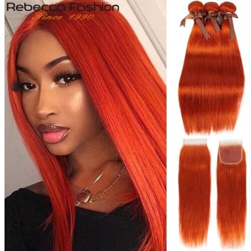 Rebecca Orange Straight Bundles With Closure Brazilian Hair Bundles With Frontal Remy Weave Human Hair 3/4 Bundles With Closure