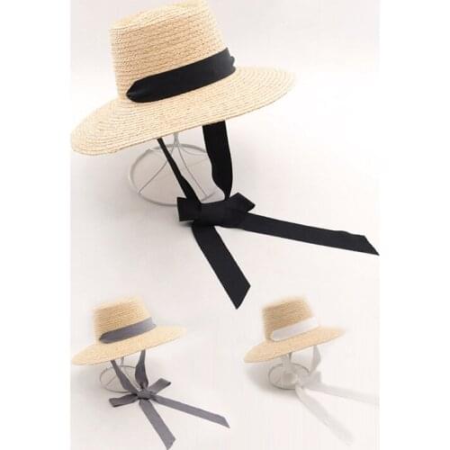 Fashion Black White Gray Bandage Hat Natural Raffia Concave Top Handmade Sun Hat Summer Beach Sun Hats For Women Bonnet Enfant