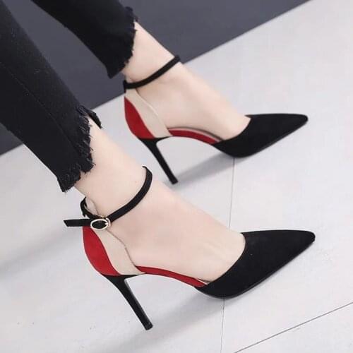 Women Red Black Mix Color Stiletto Heels Fashion Sexy Pointed Toe Buckle Strap Shoes Black White Kitten High Heel Pumps 7 9 CM