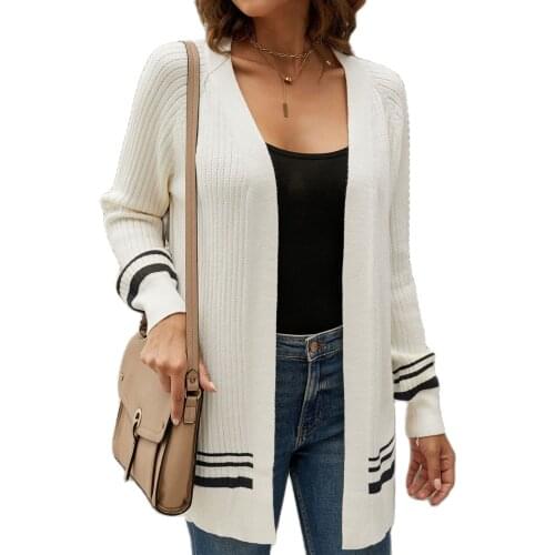 Spring Autumn Winter Striped Open Front Long Sleeve Knitted Cardigan Casual Outwear for Women