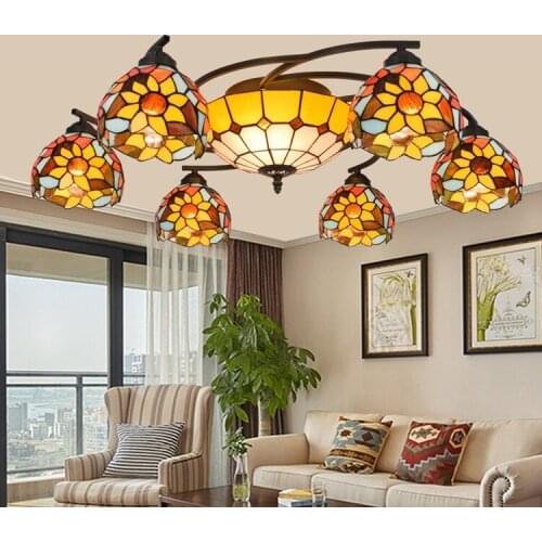 Tiffany sunflower Stained Glass Suspended Luminaire E27 110-240V Chain Pendant lights for Home Parlor Dining Room
