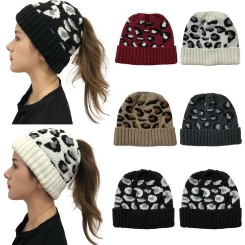 Knitting Wool Women Winter Beanie Hat Leopard Warm Soft Ladies Elastic Ponytail Skullies Casual Outdoor Sport Riding Bonnet