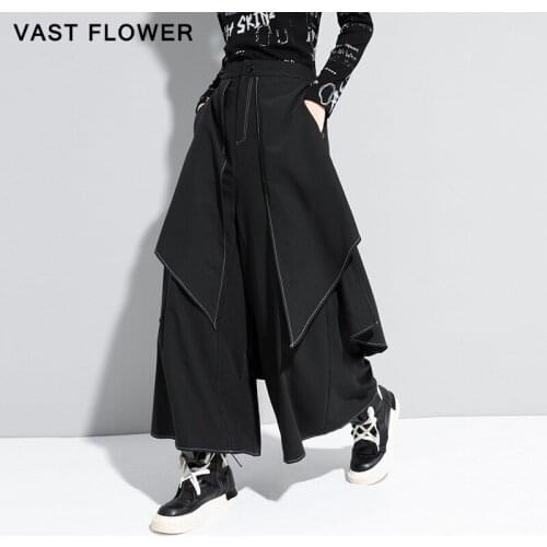 Black High Waist Spliced Wide Leg Pants Women New Irregular Plus Size Loose Casual Trousers Women 2021 Autumn Fashion Streetwear
