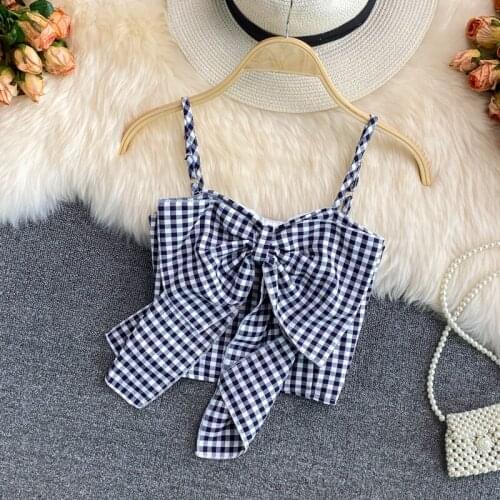 Womens Casual Sleeveless Knot Front Gingham Cami Top Camisole Shirt Vest Breasted Corset Short Camisole Streetwear Femme