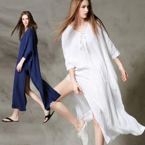 2015 Independent natural pleated sagum one-piece dress V-neck blue white high quality 629