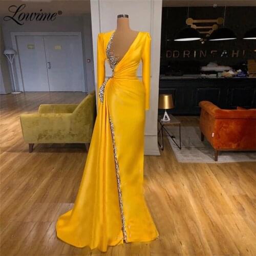Middle East Prom Dresses Yellow Long Sleeve Party Gowns Robe De Soiree Plus Size Crystal Beaded Dubai Saudi Arabic Evening Dress