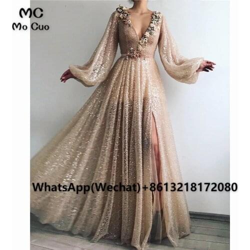 Champagne 2021 A-Line Dubai Prom Evening Dresses Long with Pearls Flowers Slit Deep V Neck Sequied Prom Party Gown for Womens