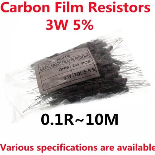 50PCS 3W Carbon Film Resistors 5% Ring Power Resistor 0.1~10M 2R 4.7R 10R 33R 47 68R 100R 360 470R 1K 2.2K 10K 22K 4K7 100K 150k
