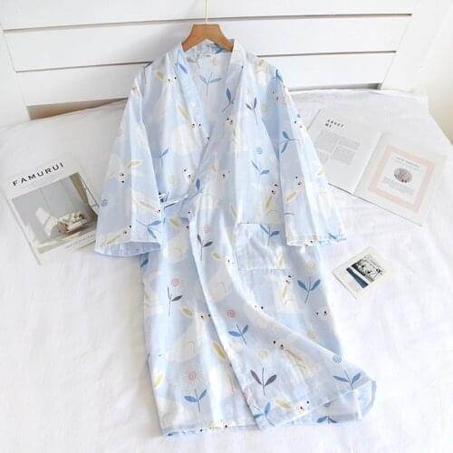 Spring / Summer Cotton Gauze Thin Robe Women Cartoon Bathrobe Japanese Kimono Pajamas Three Quarter Robes Housewear Sleepwear